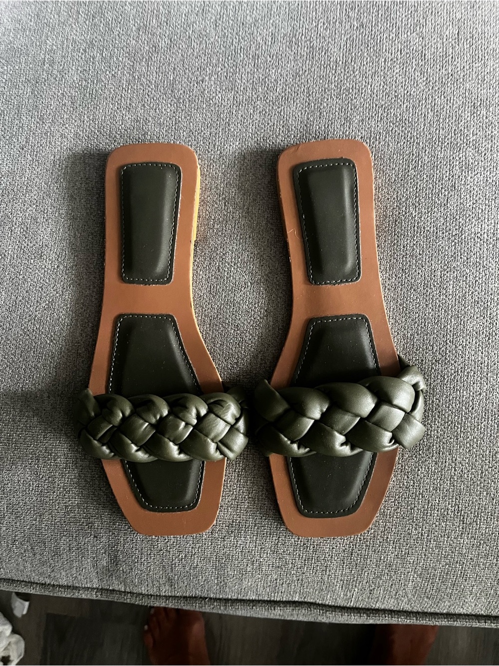 Braided Leather Slide Sandals - Olive Green